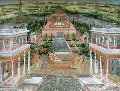 A Mughal Princess being Entertained by Female Attendants in a Palace Garden in Rajasthan by Rajput School